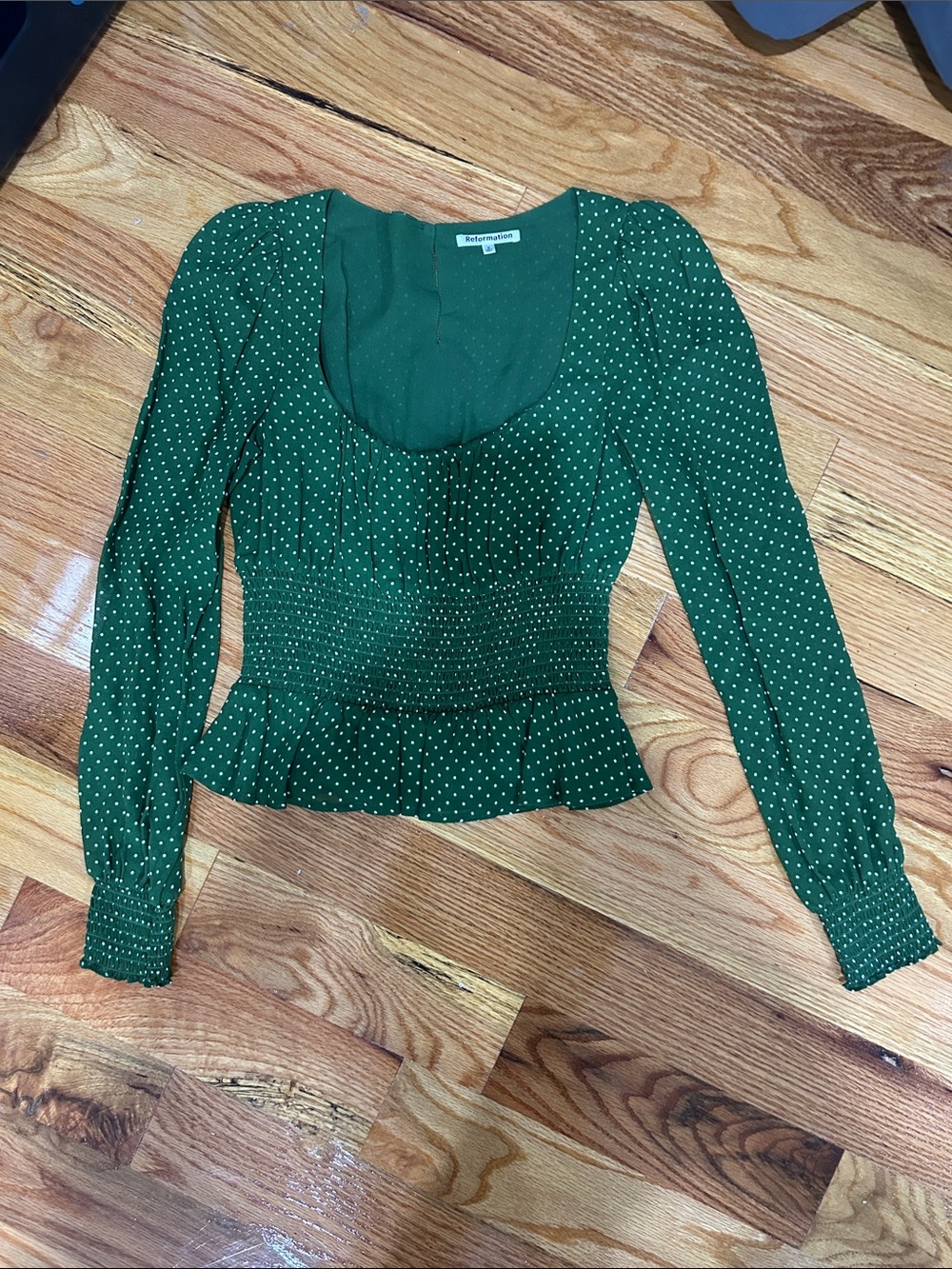 Reformation Emerald Green Polka Dot Smocked Peplum Top